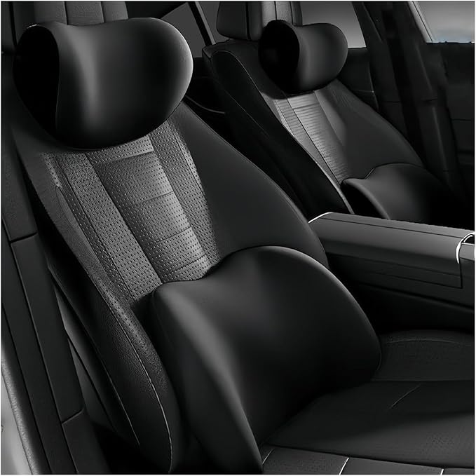 Car Lumbar Support Pillow and Car Neck Pillow Kit for Fiat 500e 2020 2021 2022 2023 2024 2025 2026, Car Seat Neck Back Rest Pillows, Ergonomic Car Seat Headrest & Lumbar Cushion,A Black