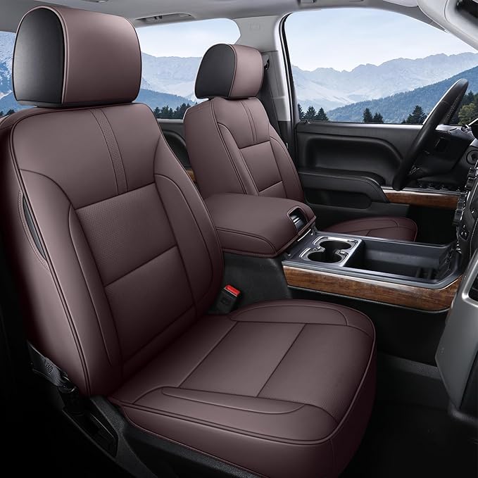 Coverado Chevy Silverado Seat Covers, Faux Leather Seat Covers Fit for Chevy Silverado GMC Sierra 2007-2026 1500, 2015-2026 2500HD 3500HD Crew Double Extended Cab (Front,Brown)