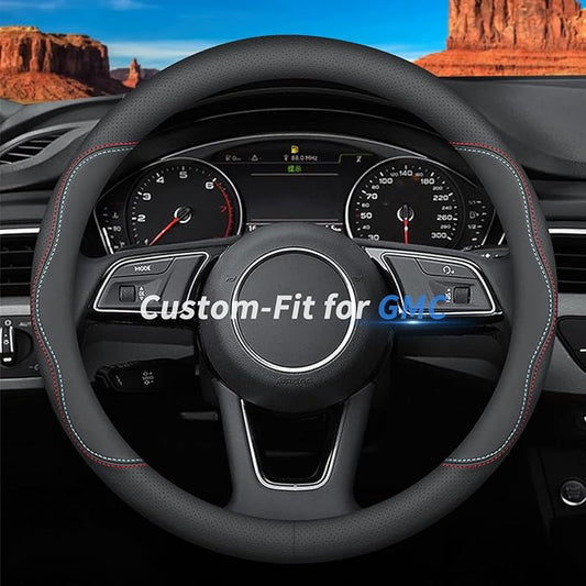 Custom-Fit for GMC Steering Wheel Cover, Premium Leather Car Steering Wheel Cover with Logo, Non-Slip, Breathable, for GMC Accessories (A-Style,for GMC)