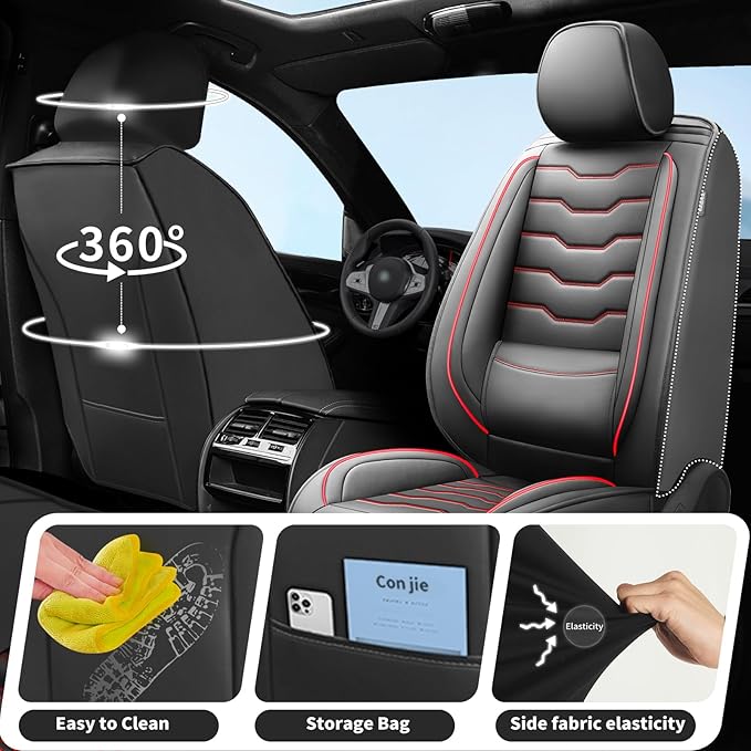 Fit Sonata Car Seat Covers Premium Leather for Hyundai Sonata 2007-2025 2026. Waterproof， Breathable, Scratch-Resistant & All-Weather Seat Cushion Protector（Front Seat,Red Line Black