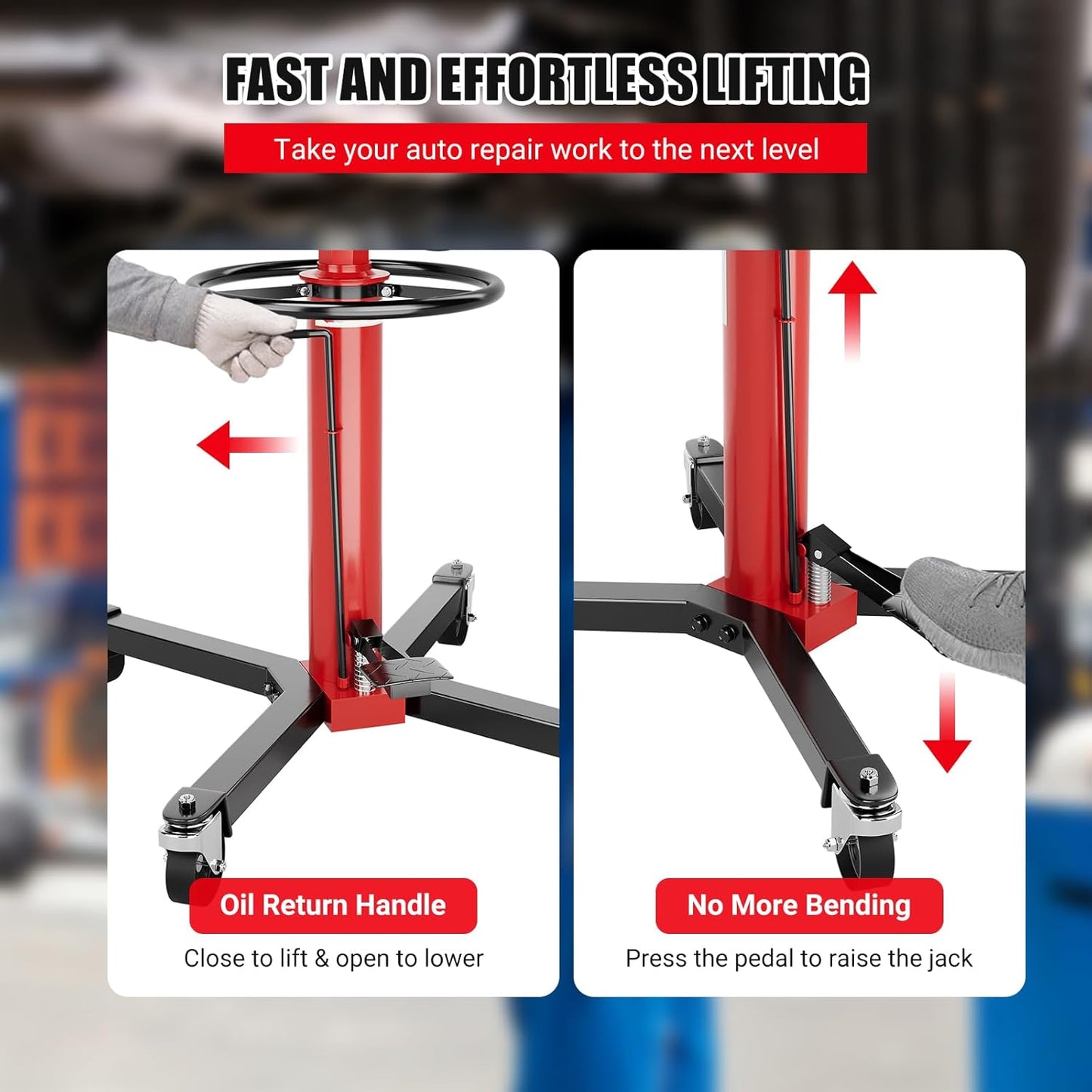Transmission Jack, 1100lbs Hydraulic Telescoping Transmission Jacks, 33.5"-67" High Lift, 2-Stage Transmission Jack Stand 1/2 Ton Capacity with Foot Pedal, 360° Swivel Wheel