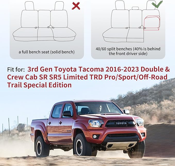 Huidasource Rear Car Seat Covers Fit for Toyota Tacoma 2016-2023 Double & Crew Cab SR SR5 Limited TRD Sport/Pro/Off Road, Split Rear Bench Back Row Leather Seat Cover (Back Row/Black&White)