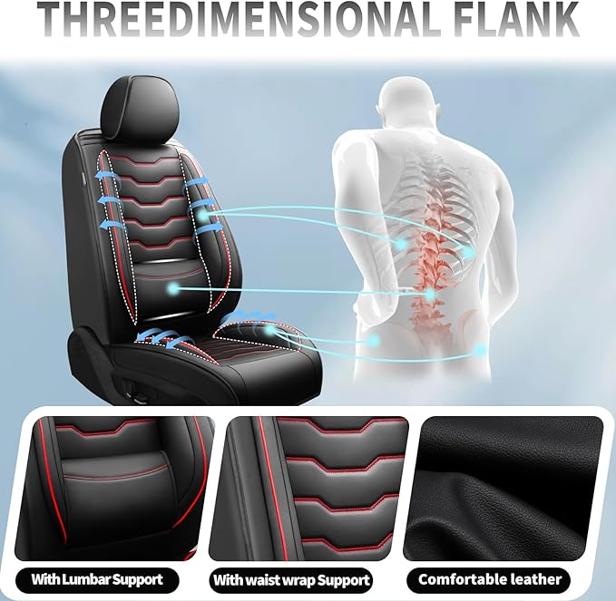 Fit Sentra Car Seat Covers Compatible with Nissan Sentra 2001-2025 2026 - Full Set Premium Leather， Waterproof Breathable， All-Weather Seat Cushion Protecto&Airbag Compatible（Red Line Black