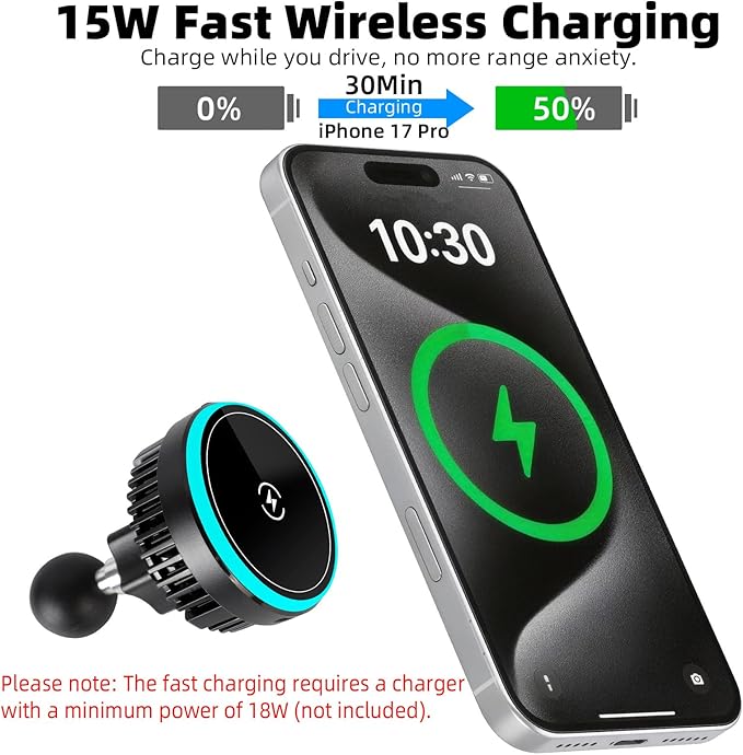 15W Fast Charging Magnetic Wireless Charger with 1" Ball for RAM Mounts - 3.54" Medium Aluminum Alloy Arm, TEC and Fan Dual Cooling - Compatible with MagSafe iPhone 17/16/15/14/13/12 Series