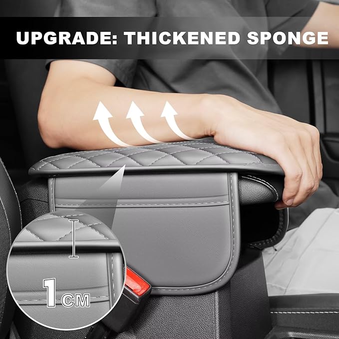 Upgraded Car Center Console Cover Fit for Camry Faux Leather Car Armrest Cover Cushion with 2 Storage Bags,Car Armrest Storage Box Interior Accessories(Grey&Whiteline)
