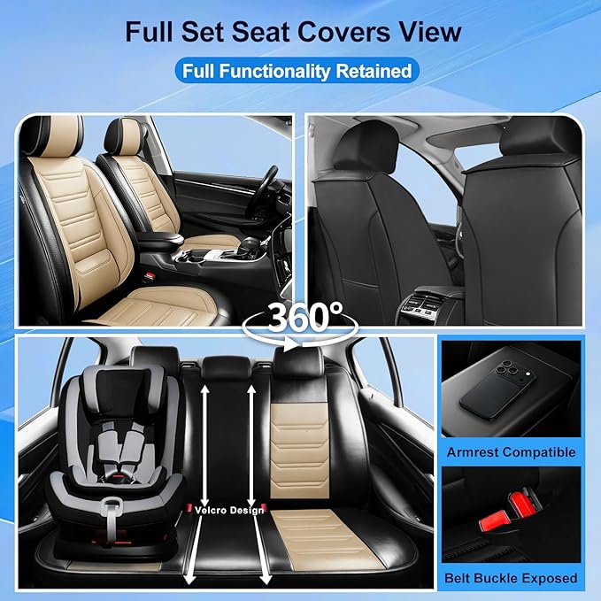 Fit Mazda 6 Car Seat Covers for Select Mazda 6 2007-2021, Premium Full Coverage Leather, Airbag Compatible, Luxury Waterproof All Weather Seat Cushion Protector, Front Pair Black+Beige