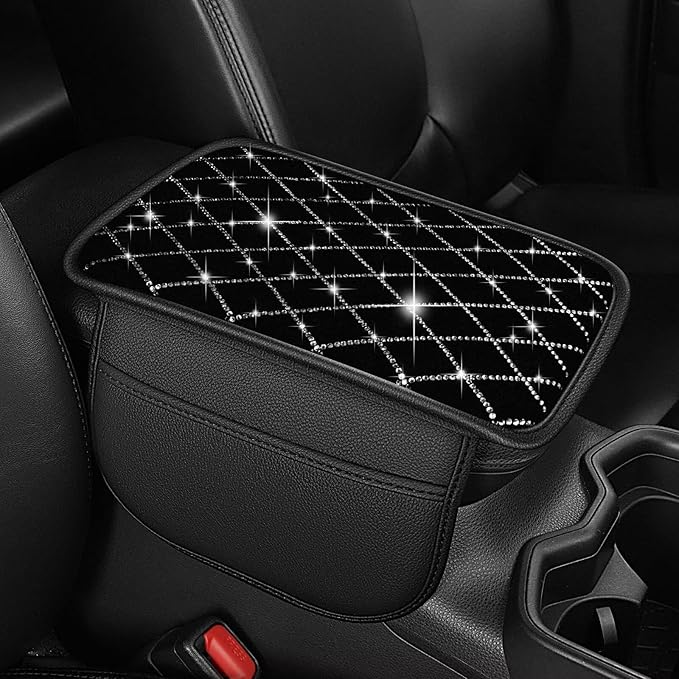 Bling Center Console Cover with 2 Side Pockets Fit for 4Runner Multi-Functional Car Armrest Cushion Diamond-Studded Rhombus Pattern Style(Black&Silver Diamond)