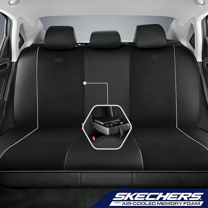 Skechers Air-Cooled Memory Foam Seat Cover, Mesh Thick Car Seat Covers,Piping Leather Car Seat Cover Full Sets,Airbag Compatible,Automotive Comfort Universal Fit Most Cars,Vans,Trucks,SUV,Beige