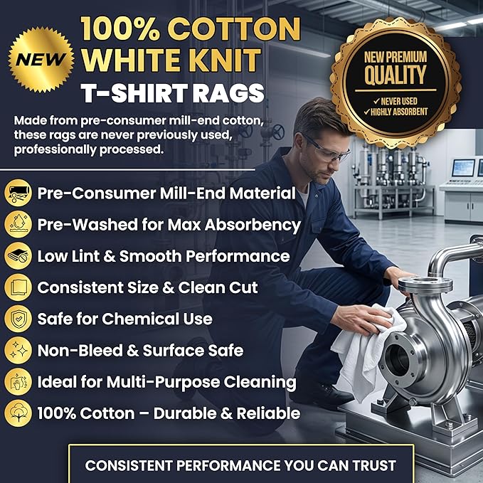 Premium New White Cotton Knit T-Shirt Rags (5 lbs. Bag of Rags) - Lint-Free, Soft & Absorbent Cleaning Cloths for Auto, Paint, Garage, Staining & Polishing