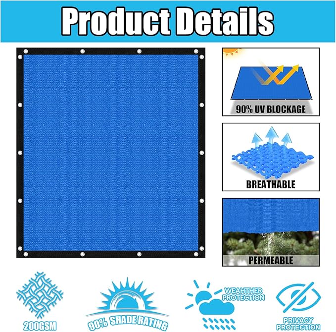 Amagenix 90% Pergola Shade Cover 7' X 11' Sun Shade Cloth with Grommets for Outdoor Garden Patio Porch, Commercial Grade 200 GSM - Cable Zip Ties Included (We Customized) GN108, Blue