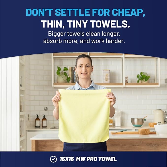 MW Pro Microfiber Cleaning Cloth | Blue, Green, Yellow (12 Pack) | Size 16" x 16" | All Purpose Microfiber Towels - Clean, Dust, Polish, Scrub, Absorbent