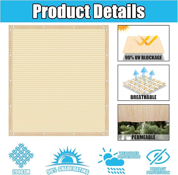 Amagenix 90% Pergola Shade Cover 5' X 11' Sun Shade Cloth with Grommets for Outdoor Garden Patio Porch, Commercial Grade 200 GSM - Cable Zip Ties Included (We Customized) GN108, Wheat