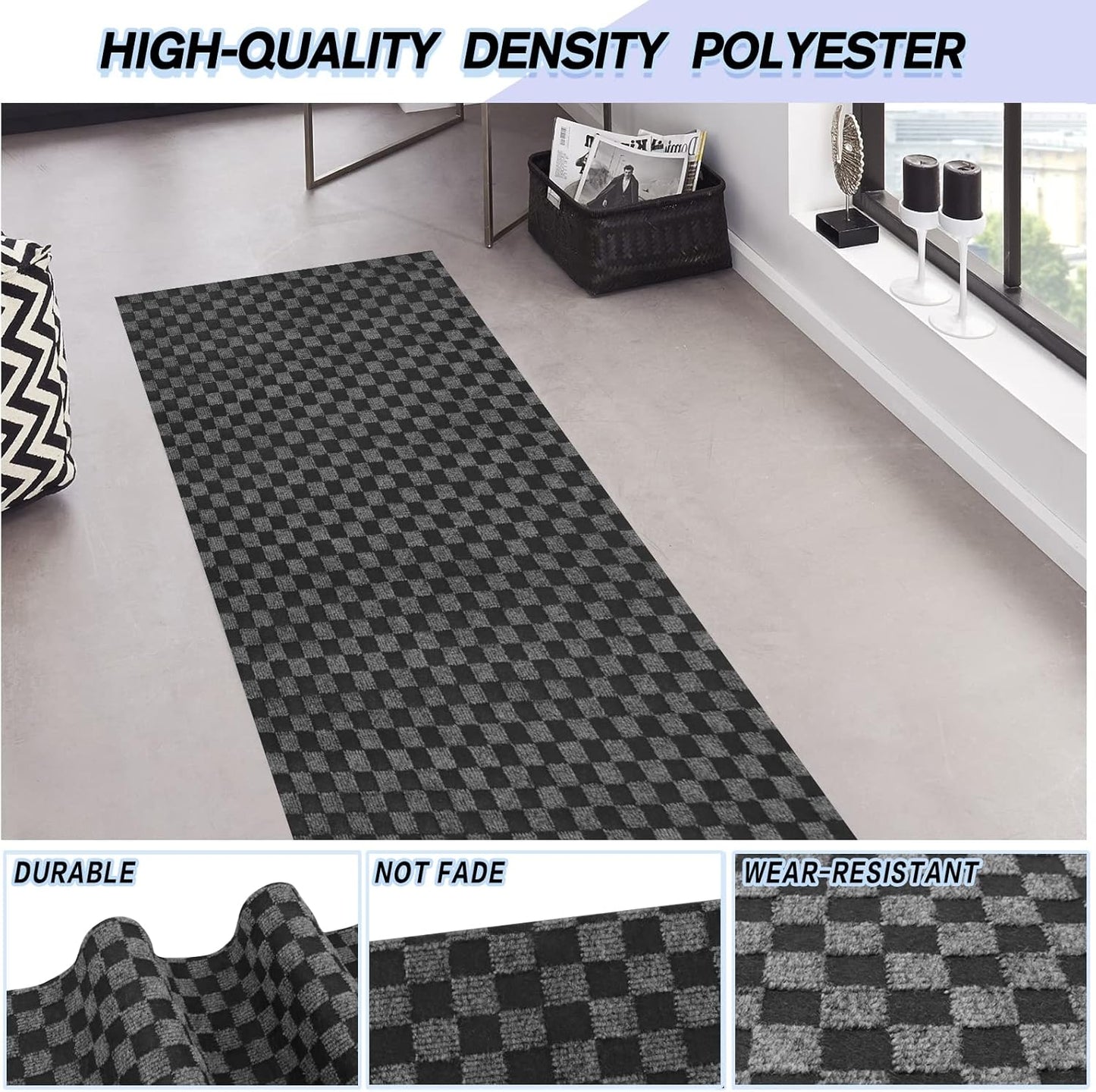 Custom Size Backed Non-Slip Area Rugs Runner, Easy Clean, Waterproof Runner Rugs for Hallway Entryway, Kitchen, Laundry, 2FT x 9FT, Gray Checkered
