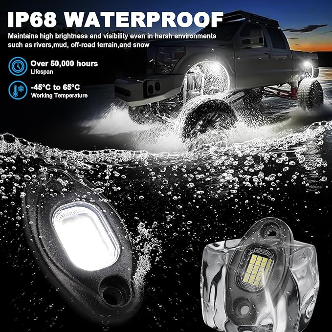 Pure White Rock Lights-24Chip High Power 6000k Pure White, 15FT Cable Each Light, Aluminum Case, Waterproof IP68 Underglow Lights for Trucks Jeep UTV ATV(8 PCS)