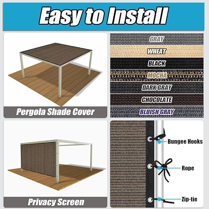 Amagenix 90% Sun Shade Cloth with Grommets, 8' x 8' Pergola Replacement Shade Cover Canopy Privacy Screen for Outdoor Patio Garden, Mocha (We Customized)