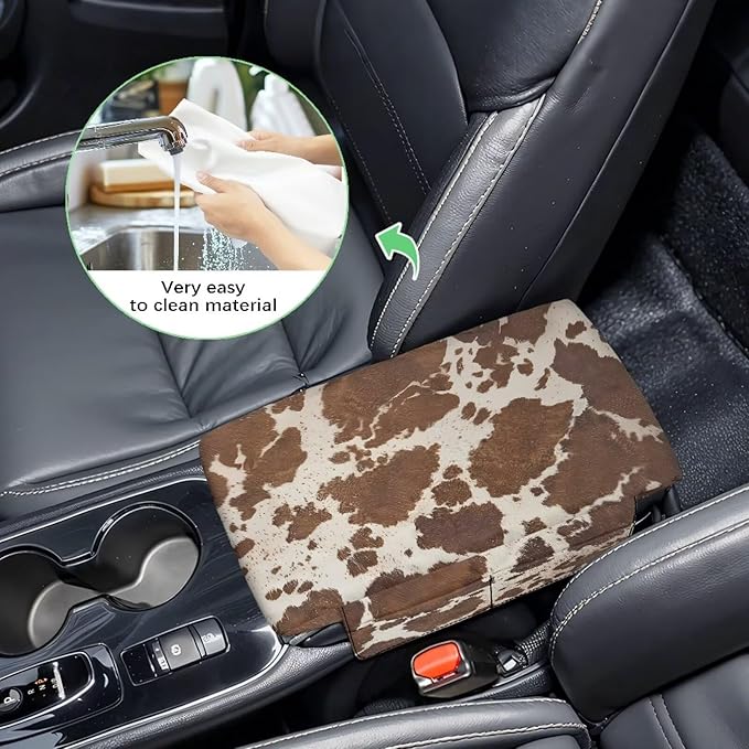 Dreaweet Brown Cow Print Center Console Cover with Pockets Thick Arm Rest Pad for Car Truck SUV Van Soft Comfortable Car Armrest Cover Center Console Cushion Pad