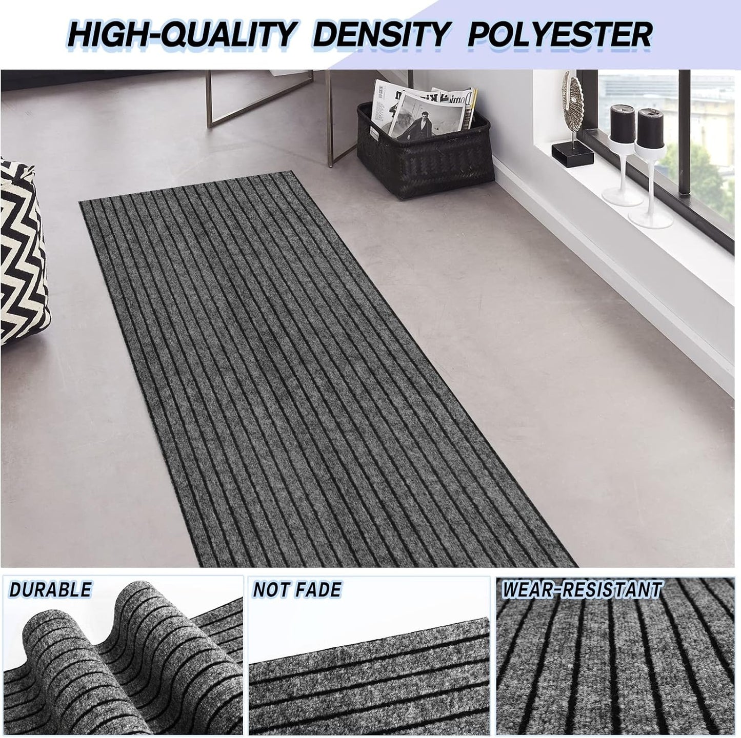 Custom Size Backed Non-Slip Area Rugs Runner, Easy Clean, Waterproof Runner Rugs for Hallway Entryway, Kitchen, Laundry, 3FT x 65FT, Gray Stripe