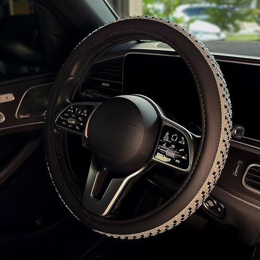 LordLord AutoFashion 15 Inch Luxury Universal Steering Wheel Cover Rhinestone Crystals Anti-Slip Microfiber Leather for Women Girls Men Boys Car Accessory Bling Diamonds Black (JX06)