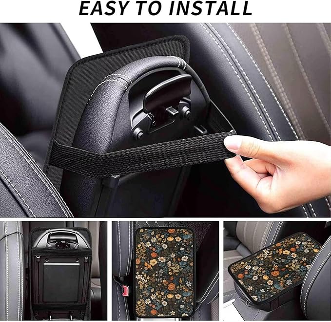 Universal Car Center Console Cover Vintage Floral Leaf Armrest Protector Floral Flower Cute Non-Slip Auto Arm Rest Cushion for SUV Truck Vehicle Vans Sedans