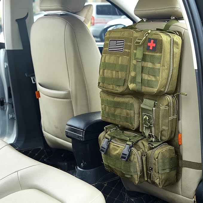 Universal Tactical Car Seat Back Organizer Bag Tactical Molle Vehicle Organizers Panel Vehicle Protector Organizers with 5 Detachable Pouches for Car Truck Ford Jeep (Army green)