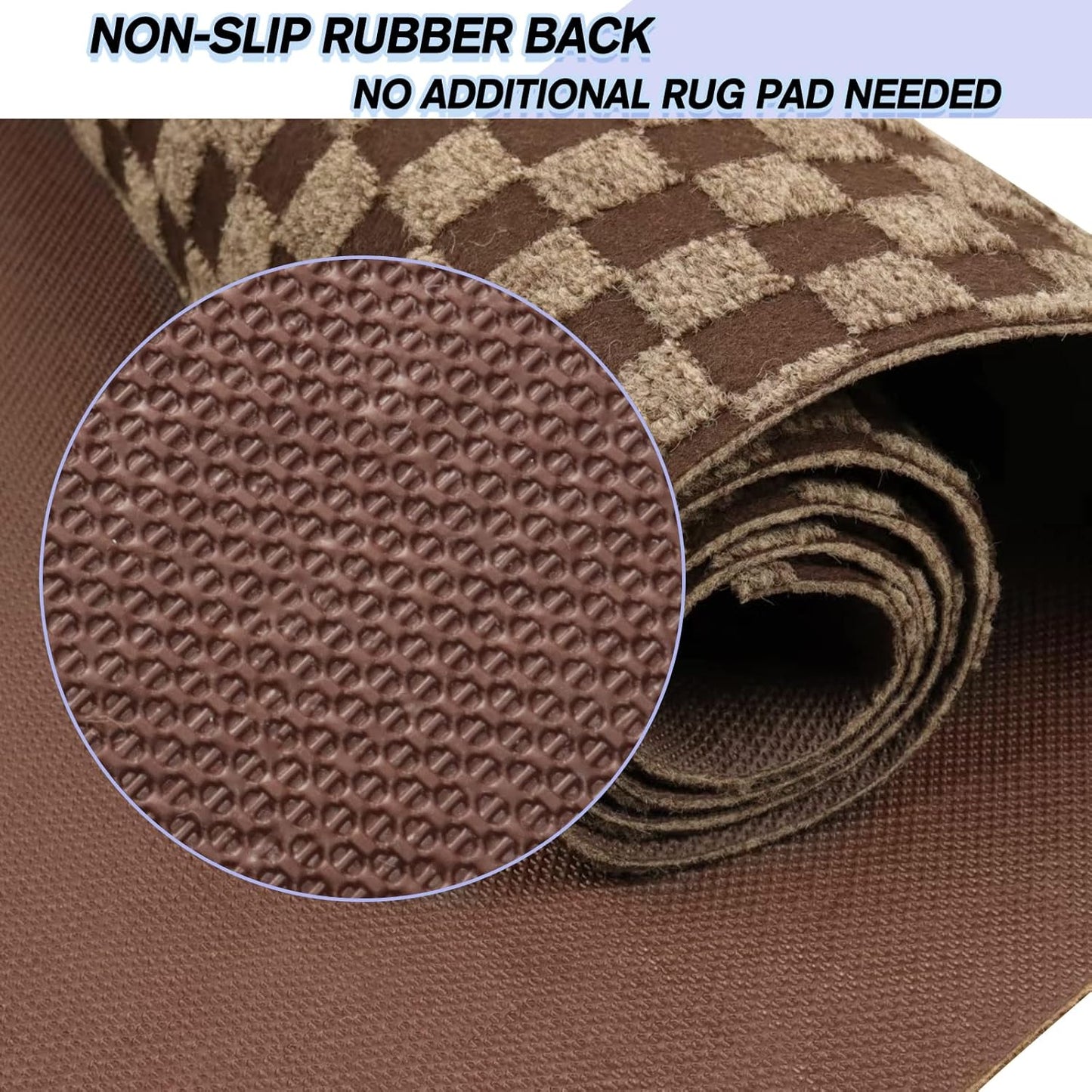 Custom Size Backed Non-Slip Area Rugs Runner, Easy Clean, Waterproof Runner Rugs for Hallway Entryway, Kitchen, Laundry, 3FT x 72FT, Brown Checkered