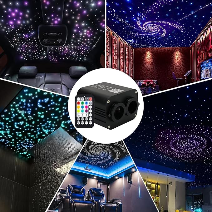 AMKI Dual Color 20W Twinkle Starlight Headliner Kit 1300pcs 0.03in 13.1ft Fiber Optic Star Ceiling Light Sound Activated Music Mode APP/Remote Control Dual Port Light Box for Car Home Roof Decor