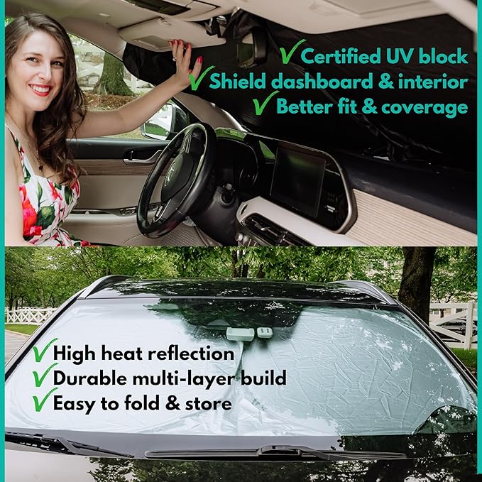 Windshield Sun Shade -Certified 99.87% UVB & 99.02% UVA Car Sun Shade. Award Winning Sunshade - Patented Technology | Compatible for Subaru Forester (2014-2018) | Car Shades by Kinder Fluff