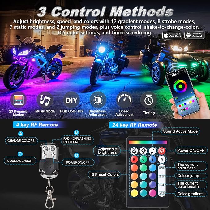 8PCS Motorcycle RGB LED Light Kit with Handlebar Switch Brake Turn Signal, Multicolor Underglow Lights with APP/RF Remote, Neon Strips 12V Waterproof for Sport Bike, Cruiser, Street & Dirt Motorcycle