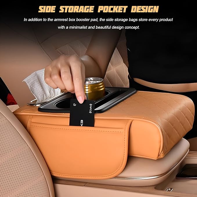 Zpana Car Center Console Armrest Pillow, Memory Foam Leather 4 in 1 Vehicle Arm Rest Cover with Tissue Box 2 Side Storage Bag Cup & Phone Holder, Auto Armrest Cushion, Universal Fit (Black/Red)