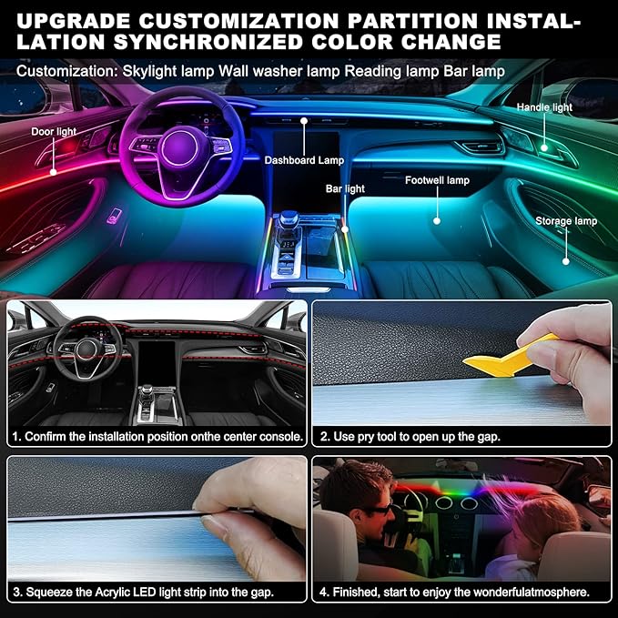 Dreamcolor Acrylic Interior Car LED Strip Light with Wireless APP, RGB 10 in 1 with 175 inches 612 LEDs Fiber Optic Strip Lights for Car, Dual Zone Symphony Neon Car Ambient Lighting