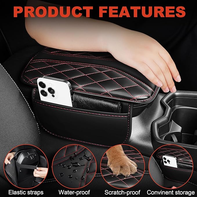 Center Console Cover Fit for Kia Soul 2010-2025 with 2 Storage Bags Waterproof Leather Quilted Pattern Car Armrest Cover Cushion Anti - Slip(002#Black&Red Line)