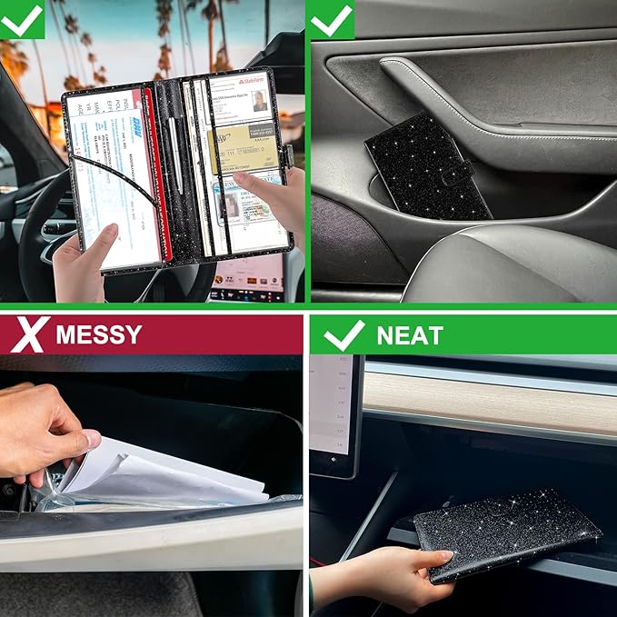RSAquar Car Registration and Insurance Holder, Vehicle Glove Box Organizer Cool Car Accessories, Auto Truck Document Holder for Cards, Driver License, Black Glitter