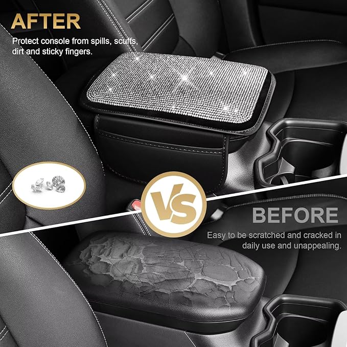 Bling Center Console Cover Fit for Toyota Camry with 2 Storage Bags Fully Diamond-Studded Style Center Console Armrest Cover with Total Protection(Silver Diamond)