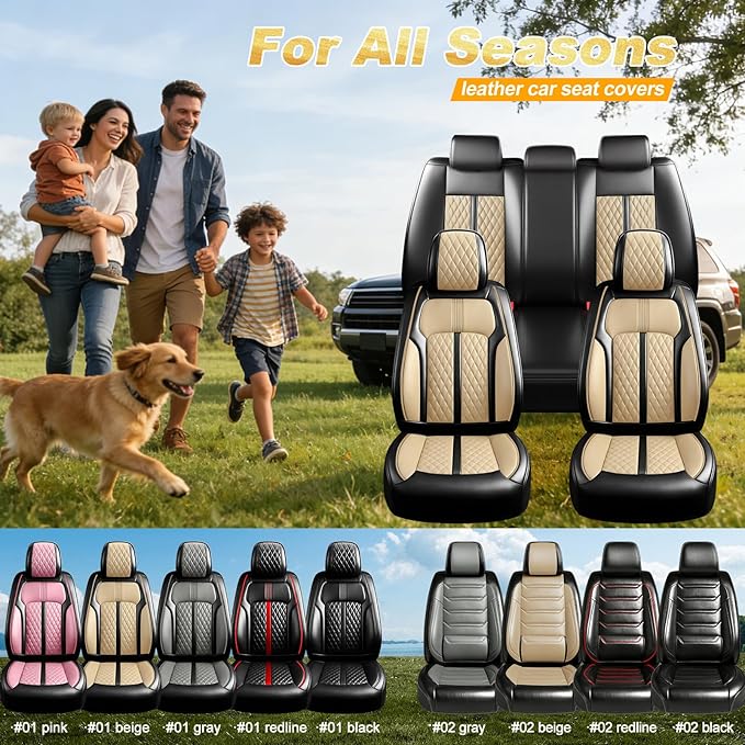 Fit Cruze Car Seat Covers for Select Chevrolet/Chevy Cruze 2011-2019, Premium Full Coverage Leather, Airbag Compatible, Waterproof All Weather Seat Cushion Protector, Full Set, Black+Beige