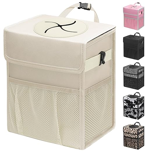 Capolo Car Trash Can with Lid, Leakproof Car Trash Bag Hanging Waterproof Automotive Garbage Can with Storage Pockets Mini Vehicle Trash Bin for Back/Front Seat(Beige,3 Gallon)