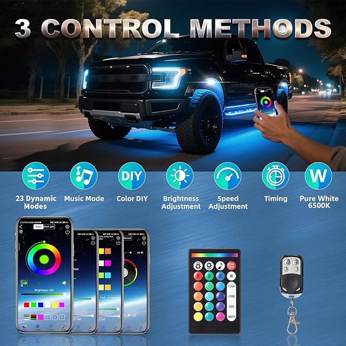 8 Pods Full Angle RGBW LED Rock Lights, 6500K Pure White RGB Rock Light for Jeeps Truck Golf Cart ATV UTV RZR Pickup Underbody, 12V Waterproof Multicolor Underglow Kit with APP/RF Control Sync Music