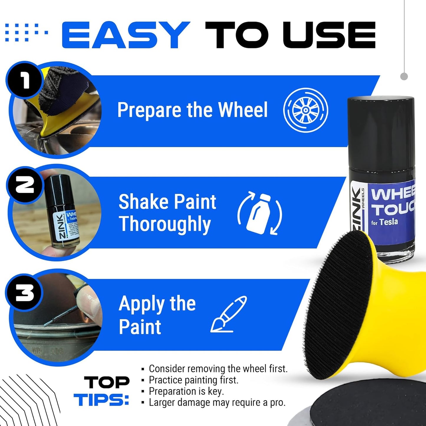 Premium Tesla Wheel Curb Rash Repair Kit for Model S 21-inch Sonic Carbon Twin Turbine Rims - DIY Kit with Color-matched Touch Up Paint - Made in USA
