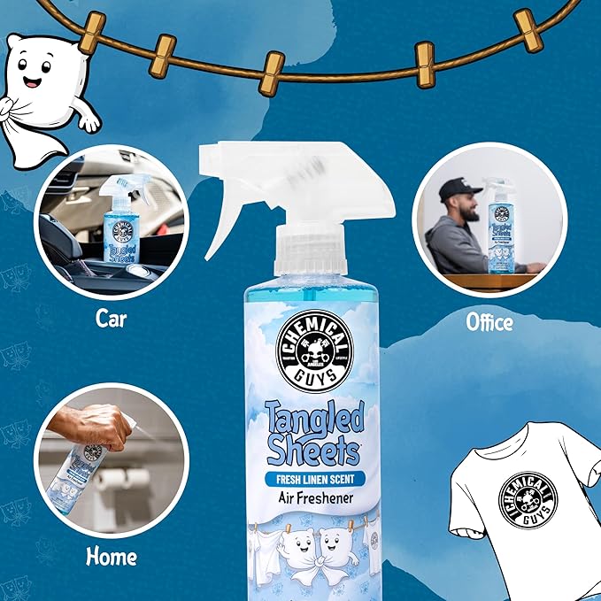 Chemical Guys Tangled Sheets Fresh Linen Scent Air Freshener Spray and Odor Eliminator, Clean Fabric Inspired Spray for Home, Office, Bathroom, Dorm, and Car Interior - 4 Fl Oz
