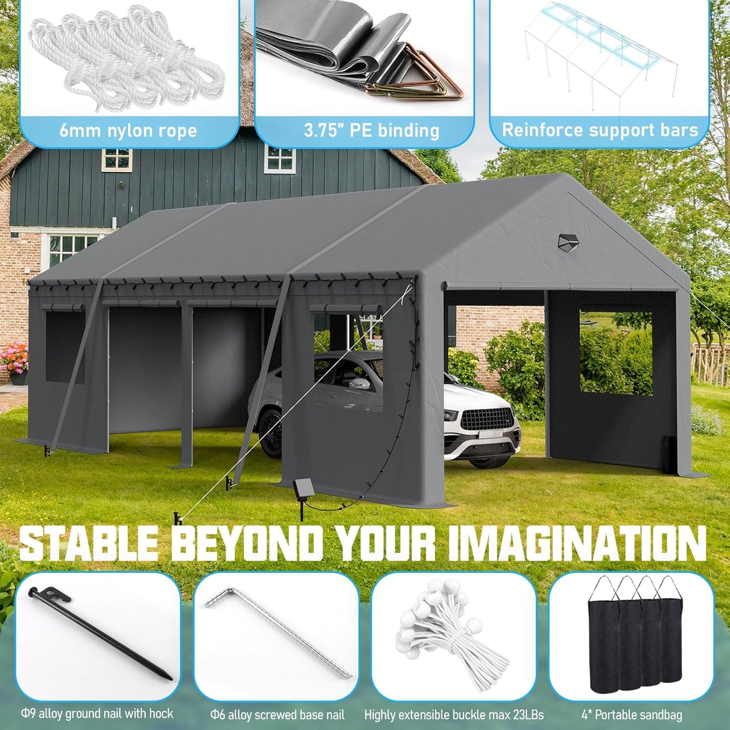 13x25 Carport, Heavy Duty Carport Canopy Garage with Removable Sidewalls and Drive Through Roll Up Zipper Doors & Side Doors, Grey