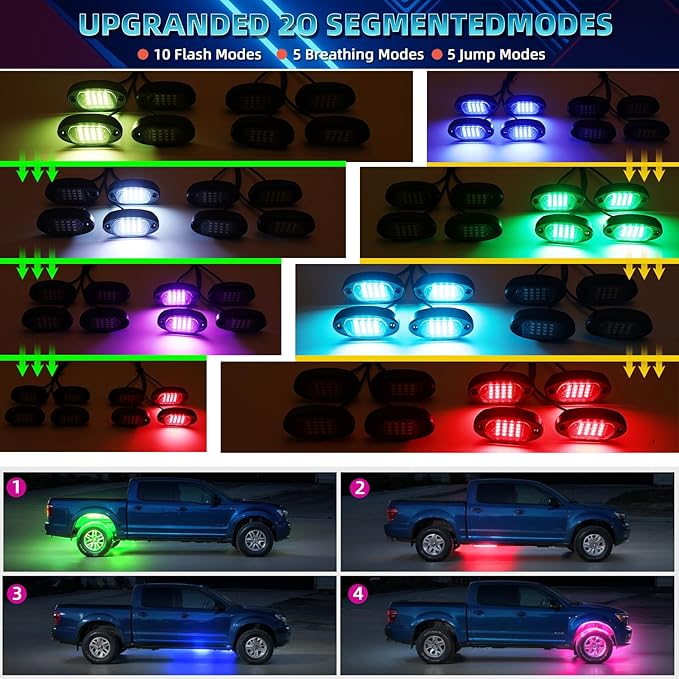 16 Pods RGB LED Rock Lights for Semi Trucks Offroad Pickup Trailer Sedan, Segmented Change Color Underglow Lights Kit with APP/RF Control, 12V Waterproof Neon Multicolor Vehicle Underbody Light