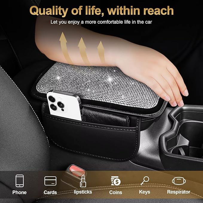 Bling Center Console Cover Fit for Toyota Avalon with 2 Storage Bags Fully Diamond-Studded Style Center Console Armrest Cover with Total Protection(Silver Diamond)