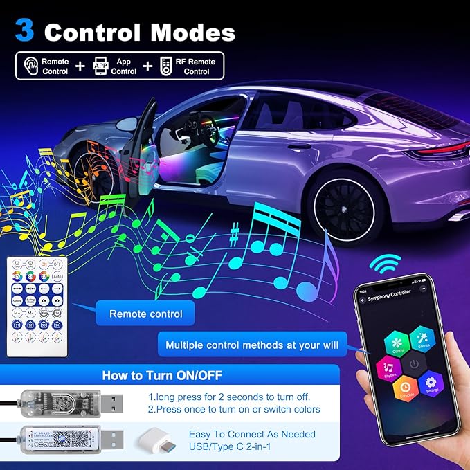 Dreamcolor Acrylic Interior Car LED Strip Light with USB/Type C, 10 in 1 with 179.24 inches 610 LEDs Ambient Lighting Kits, Sound Active Function Neon Accessories