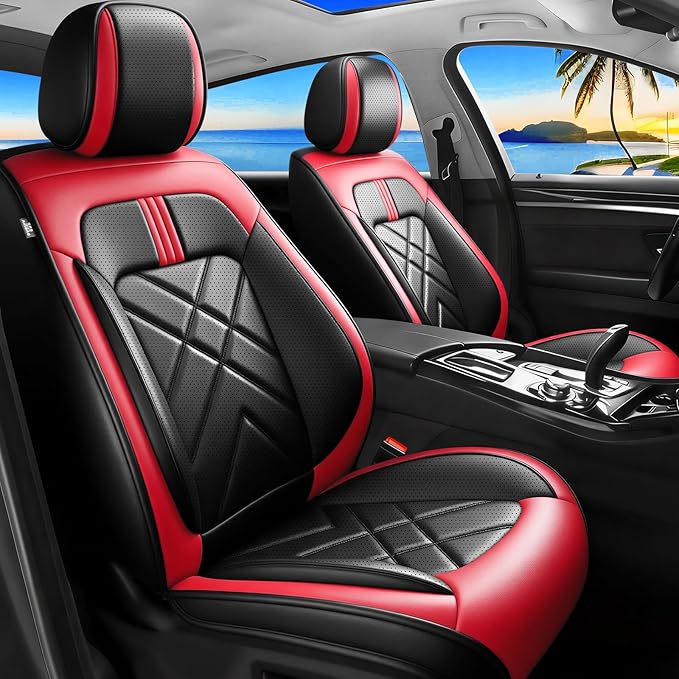 Car Seat Covers Compatible with Mazda 6 2007-2021, Full Coverage Premium Leather Waterproof Breathable Seat Covers, Automotive Seat Protectors, Airbag Compatible(2 Front Seats, Black & Red)