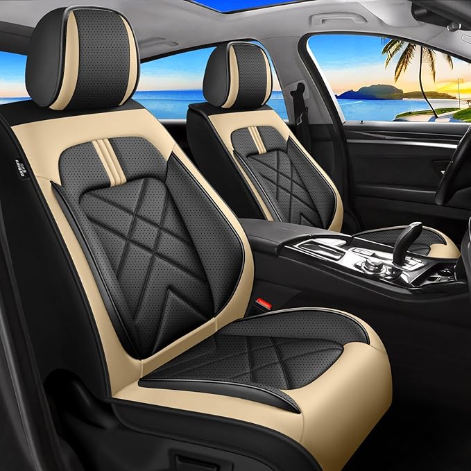 CX-30 Car Seat Covers Fit for Mazda CX-30 2020-2026, Full Coverage Premium Leather Waterproof Breathable Seat Covers, Automotive Seat Protectors, Airbag Compatible(2 Front Seats, Black Beige)