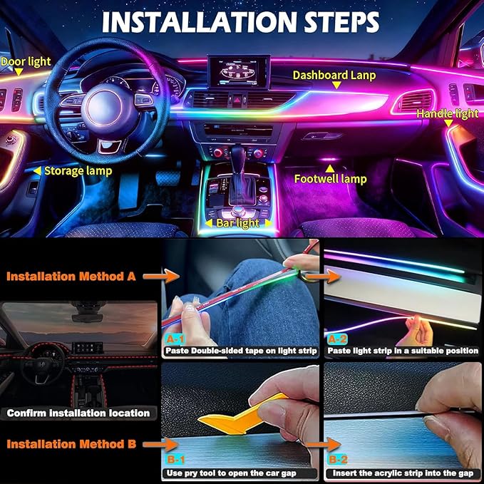 Ambient Lighting Car Led Lights Interior,57in USB Dreamcolor 2 in 1 Acrylic Neon Flexible Strip Fiber Optic LED Ambient Lighting Kits with Remote APP, RGB Music Lights Sync for Inside car Decorations