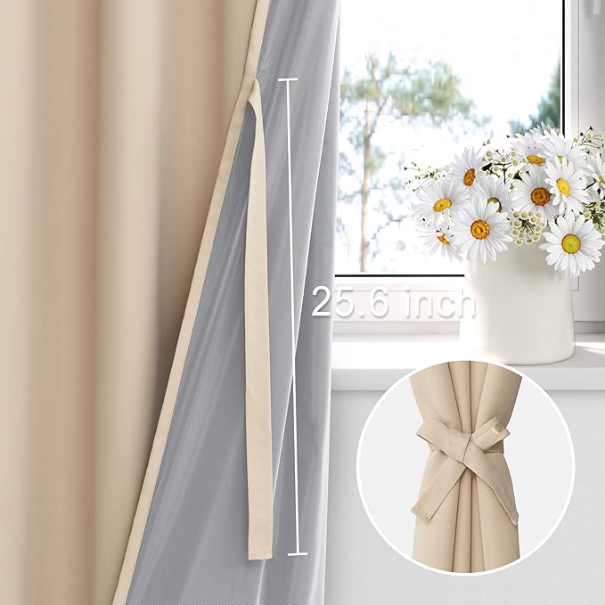 XWZO Full Blackout Curtains 84 Inches Long - Double Layer Full Room Darkening & Energy Efficiency Grommet Window Panels with Tiebacks for Bedroom/Living Room, Biscotti Beige, W52 x L84, Set of 2