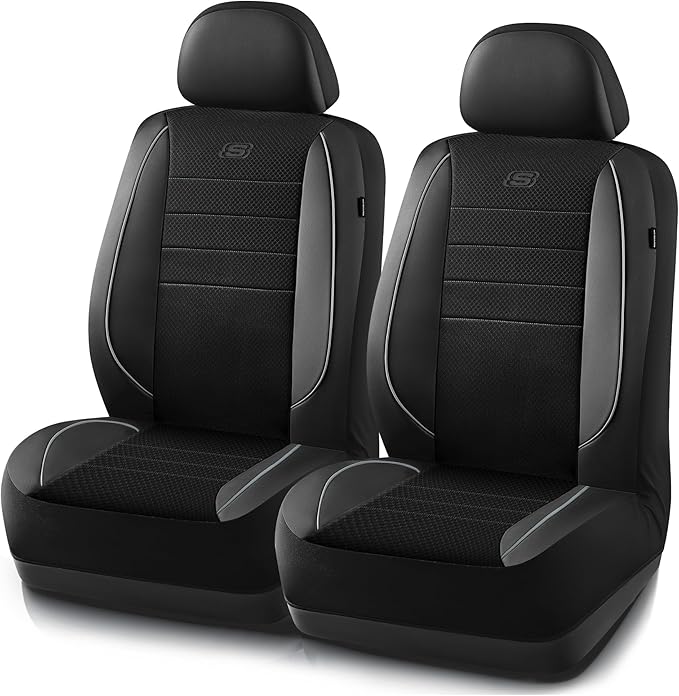 Skechers Air-Cooled Memory Foam Seat Covers,Mesh Thick Car Seat Covers,Piping Leather Car Seat Covers Front Seats,Airbag Compatible,Automotive ComfortUniversal Fit Most Cars,Vans,Truck,SUV,Gray