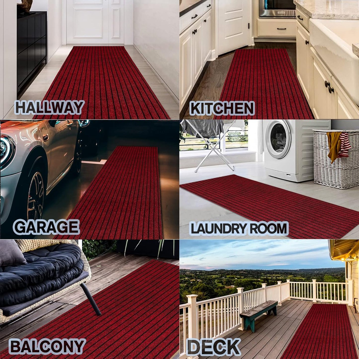 Custom Size Backed Non-Slip Area Rugs Runner, Easy Clean, Waterproof Runner Rugs for Hallway Entryway, Kitchen, Laundry, 3FT x 42FT, Red Stripe