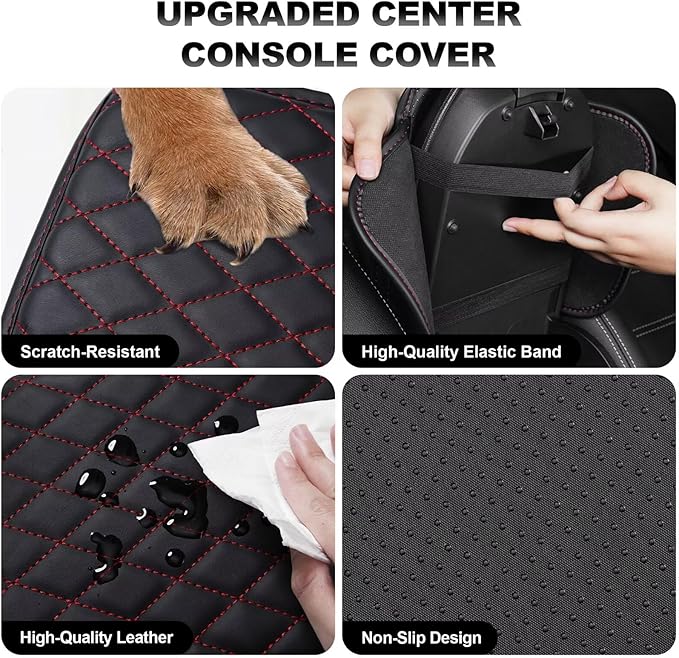 Upgraded Car Center Console Cover Fit for RAV4 Faux Leather Car Armrest Cover Cushion with 2 Storage Bags,Car Armrest Storage Box Interior Accessories(Black&Redline)