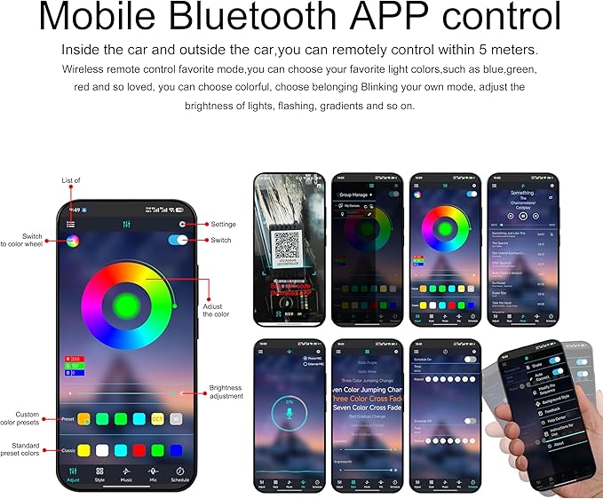 Car Interior Strip Lights, 3 in 1 Multicolor RGB Car Ambient Lighting Kit, 4m Fiber Optic EL Neon Tube Light, DIY Mode Music Sync APP Control DC 12V